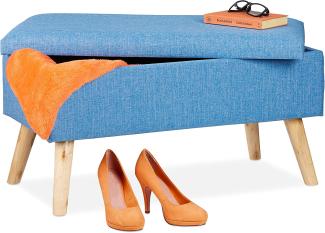 Relaxdays Sitzbank mit Stauraum, gepolsterte Truhenbank, modern, Holzbeine, Stoffbezug, H x B x T: 39 x 77 x 39 cm, blau