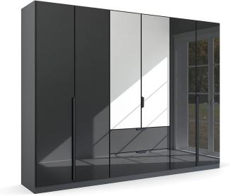 Kleiderschrank Drehtürenschrank Modern | 6-türig | mit Spiegeltüren & Schubkästen | grau metallic / Glas basalt | 271x210