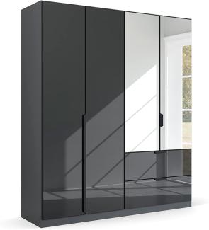 Kleiderschrank Drehtürenschrank Modern | 4-türig | mit Spiegeltüren & Schubkästen | grau metallic / Glas basalt | 181x210