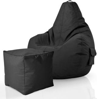 Green Bean© 2er Set Sitzsack + Hocker "Cozy+Cube" - fertig befüllt - Bean Bag Bodenkissen Lounge Sitzhocker Gamingstuhl Pouf - Schwarz