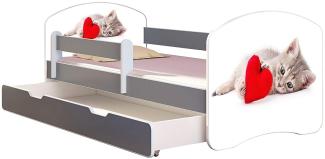 ACMA Kinderbett Jugendbett mit Einer Schublade und Matratze Grau mit Rausfallschutz Lattenrost II (40 Katze mit Herz, 140x70 + Bettkasten)