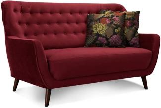 CAVADORE 2-Sitzer-Sofa Abby / Retro-Couch mit Samtbezug und Knopfheftung / 153 x 89 x 88 / Samtoptik, rot