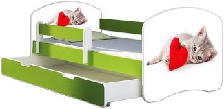 ACMA Kinderbett Jugendbett mit Einer Schublade und Matratze Grün mit Rausfallschutz Lattenrost II 140x70 160x80 180x80 (40 Katze mit Herz, 160x80 + Bettkasten)
