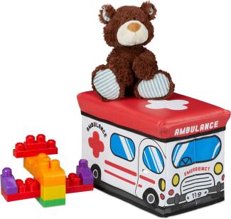 Relaxdays Spielzeugkiste faltbar, Krankenwagen, Aufbewahrungsbox m. Stauraum & Deckel, gepolstert, HBT 27x40x25 cm, weiß, 1 Stück
