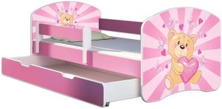 Kinderbett Jugendbett mit einer Schublade und Matratze Rausfallschutz Rosa 70 x 140 80 x 160 80 x 180 ACMA II (10 Teddybär, 80 x 160 cm mit Bettkasten)