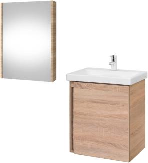 Planetmöbel Waschbeckenunterschrank mit Keramikwaschbecken & Spiegelschrank 50cm in Sonoma Eiche, modernes Badmöbel Set für Badezimmer WC