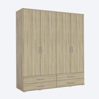 Rauch Möbel Rasant, Schrank Drehtürenschrank inklusive 4 Schubladen, 4-türig, Zubehörpaket Basic 2 Einlegeböden, 1 Kleiderstange, Eiche Sonoma, 52 x 168 x 188 cm