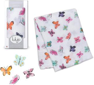 lulujo Baby-Wickeldecke | Unisex, weichste 100 % Baumwolle, Musselin, neutrale Empfangsdecke für Mädchen und Jungen, 119,4 x 119,4 cm, Schmetterling