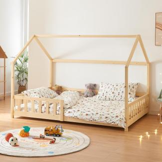 [en. casa] Kinderbett Hesel Hausbett Holzoptik 120 x 200 cm mit Rausfallschutz und Lattenrost Bodenbett Jugendbett Holzbett