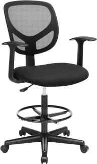 SONGMICS Bürostuhl, Ergonomischer Arbeitshocker mit Armlehnen, Sitzhöhe 55-75 cm, Hoher Arbeitsstuhl mit verstellbare Fußring, Belastbarkeit 120 kg, Schwarz OBN25BK