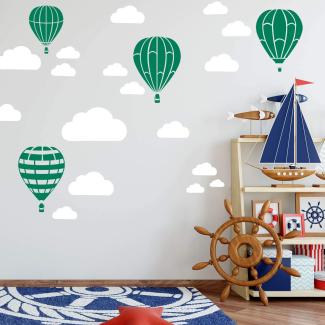 Heißluftballon & Wolken Aufkleber Wandtattoo Himmel | Wandbild 6x DIN A4 Bögen | Sticker Kinder Kinderzimmer Deko Ballons (Grün)