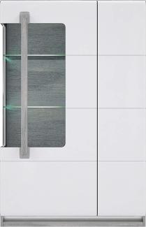 FORTE Attention Vitrine mit 3 Türen und 1 Glastür, Holzwerkstoff, Eiche grau mit Weiß Hochglanz, 34,2 x 89,9 x 139,6 cm