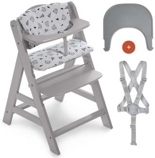 Hauck Kinder Hochstuhl Alpha Plus mit Tablett Click Tray und Sitzpolster - Mitwachsender Babystuhl aus Holz, Kinderhochstuhl ab 6 Monate, verstellbar - Grau Nordic Grey