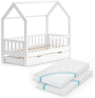VitaliSpa Kinderbett Hausbett Gästebett Wiki Weiß 80x160cm Schublade Matratzen