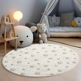 carpet city Kinderteppich Creme, Beige - 120x120 cm Rund - Sterne Muster - Kurzflor Teppiche Kinderzimmer, Spielzimmer