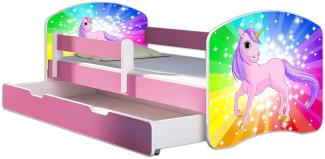 Kinderbett Jugendbett mit einer Schublade und Matratze Rausfallschutz Rosa 70 x 140 80 x 160 80 x 180 ACMA II (18 Pony Regenbogen, 80 x 180 cm mit Bettkasten)