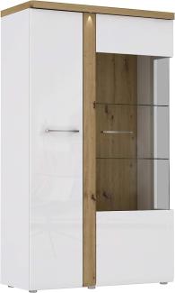 FORTE Tuluza Vitrine mit 1 Tür und 1 Glastür, Holzwerkstoff, Weiß kombiniert mit Artisan Eiche und Weiß Glanz, 98,5 x 164 x 43,2 cm