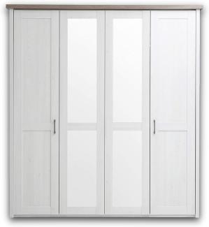 LUCA Eleganter Kleiderschrank im Landhausstil 4-türig - Vielseitiger Drehtürenschrank mit zwei Spiegeltüren in Pinie Weiß / Trüffel - 195 x 212 x 62 cm (B/H/T)