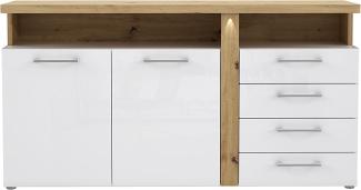FORTE Tuluza Kommode mit 2 Türen und 4 Schubkästen, Holzwerkstoff, Weiß + Artisan Eiche / Weiß Hochglanz, 73,5 x 85,9 x 163,2 cm