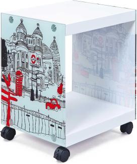 Beistelltisch 'Cube' Rollen arretierbar Rollwagen weiß Motiv London L-London