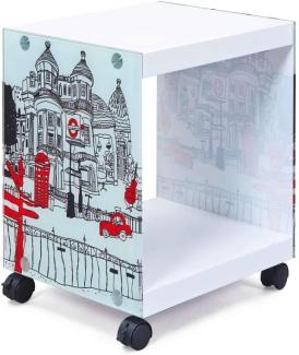 Beistelltisch 'Cube' Rollen arretierbar Rollwagen weiß Motiv London L-London