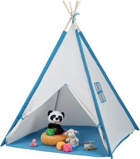 Relaxdays Spielzelt, Tipi Zelt für Kinder, mit Boden, Kinderzelt, HBT: 154 x 124 x 124 cm, drinnen & draußen, weiß/blau