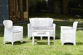 Dmora - Outdoor-Lounge-Set Ostuni, Gartengarnitur mit 2 Sesseln, 1 Sofa und 1 Couchtisch, Sitzecke in Rattan-Optik mit Kissen, 100% Made in Italy, Weiß