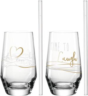 Leonardo 2 Trinkgläser + 2 Glastrinkhalme Presente Laugh, Glas, klar mit Motiv, 365 ml