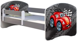 ACMA Kinderbett Jugendbett mit Einer Schublade und Matratze Grau mit Rausfallschutz Lattenrost II (05 Rote Auto, 180x80)