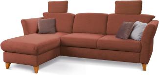 CAVADORE Eckcouch Trend / Skandinavisches Ecksofa mit Federkern, Longchair und zwei Kopfstützen / 249 x 86 x 162 / Cord, Kupfer