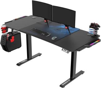 ULTRADESK Level RGB LED | Gaming-Schreibtisch mit elektrischer Höhenverstellung | Interner Speicher für 2 Einstellungen | Steckdosenleiste, XXL-Mauspad | Stahlgestell, Blaues Pad, 140x66 cm