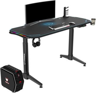 ULTRADESK Level RGB LED | Gaming-Schreibtisch mit elektrischer Höhenverstellung | Interner Speicher für 2 Einstellungen | Steckdosenleiste, XXL-Mauspad | Stahlgestell, Blaues Pad, 140x66 cm