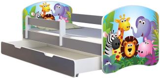 ACMA Kinderbett Jugendbett mit Einer Schublade und Matratze Grau mit Rausfallschutz Lattenrost II (01 Zoo, 180x80 + Bettkasten)
