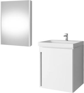 Planetmöbel Waschbeckenunterschrank mit Keramikwaschbecken & Spiegelschrank 50cm in Weiß, modernes Badmöbel Set für Badezimmer WC