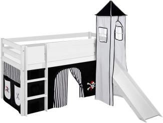 Lilokids 'Jelle' Spielbett 90 x 200 cm, Pirat Schwarz Weiß, Kiefer massiv, mit Turm, Rutsche und Vorhang