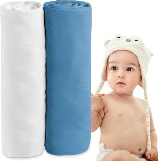 Dreamzie - Spannbettlaken 70x140 Baby 2er Pack - Baumwolle Oeko Tex Zertifiziert - Weiß und Blau - 100% Jersey Spannbetttuch 70x140cm