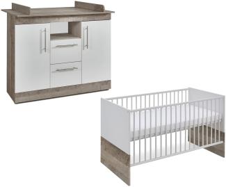 Arthur Berndt 'Selina' Babyzimmer Sparset 2-teilig, Kinderbett (70 x 140 cm) und Wickelkommode mit Wickelaufsatz Platinum Oak / Weiß