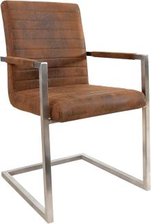 invicta INTERIOR Freischwinger Stuhl LOFT Vintage braun mit gepolsterten Armlehnen und Edelstahlgestell Esszimmerstuhl
