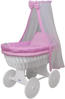 WALDIN Baby Stubenwagen-Set mit Ausstattung, Gestell/Räder weiß lackiert, Ausstattung rosa kariert