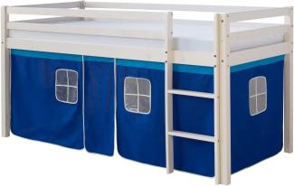 Kinderbett Hochbett Massiv Kiefer weiß Vorhang blau,Spielbett