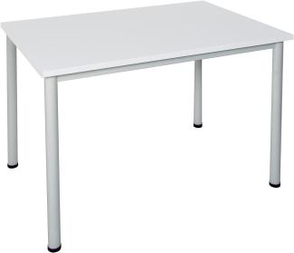 Dila GmbH Schreibtisch in verschiedenen Größen und Farben graues Metallgestell Konferenztisch Besprechungstisch Arbeitstisch Universaltisch Bürotisch Verkaufstisch (B: 80 cm x T: 80 cm, Weiß)