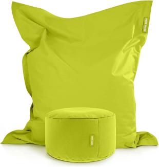 Green Bean© 2er Set XXL Sitzsack "Square+Stay" inkl. Pouf fertig befüllt mit EPS-Perlen - Riesensitzsack 140x180 Liege-Kissen Bean-Bag Chair Hellgrün