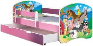 Kinderbett Jugendbett mit einer Schublade und Matratze Rausfallschutz Rosa 80 x 180 ACMA II (34 Farm, 80 x 180 cm mit Bettkasten)