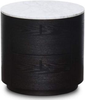 Casa Padrino Luxus Beistelltisch Schwarz / Weiß Ø 48 x H. 46 cm - Runder Holz Tisch mit Marmorplatte und 2 Schubladen