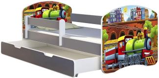 ACMA Kinderbett Jugendbett mit Einer Schublade und Matratze Grau mit Rausfallschutz Lattenrost II (44 Lokomotive, 140x70 + Bettkasten)