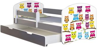 ACMA Kinderbett Jugendbett mit Einer Schublade und Matratze Grau mit Rausfallschutz Lattenrost II (31 Eule, 160x80 + Bettkasten)