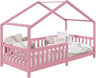 IDIMEX Hausbett LISAN aus massiver Kiefer in rosa, schönes Montessori Bett in 90 x 200 cm, stabiles Indianerbett mit Rausfallschutz und Dach
