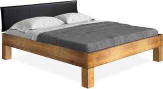 Möbel-Eins CURBY 4-Fuß-Bett mit Polster-Kopfteil, Material Massivholz, rustikale Altholzoptik, Fichte vintage 200 x 220 cm Standardhöhe Kunstleder Schwarz ohne Steppung
