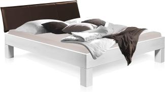 Möbel-Eins LUKY 4-Fuß-Bett mit Polster-Kopfteil, Material Massivholz, Fichte massiv weiss 140 x 220 cm Kunstleder Braun