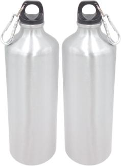 2x Aluminium Trinkflasche 1Liter silber mit Karabiner Wasserflasche Sportflasche